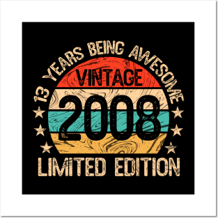 13 Years Old Vintage Made / Born In 2008 13th Birthday Limited Edition Posters and Art